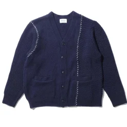 Kuon Knitwear<Multi-Patterned Cardigan w/Hand Stitch Navy