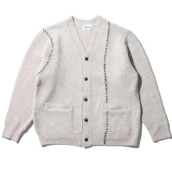 Kuon Knitwear<Multi-Patterned Cardigan w/Hand Stitch Ecru