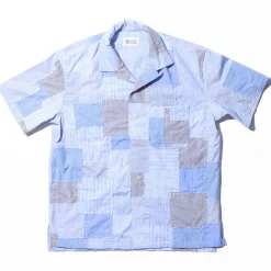 Kuon Shirts<S/S Sashiko Patchwork Camp Collar Shirt Sax